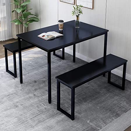 Rhomtree 3 Pieces Dining Set Table with 2 Benches Kitchen Dining Room Furniture Modern Style Wood Table Top with Metal Frame (Balck   Black)