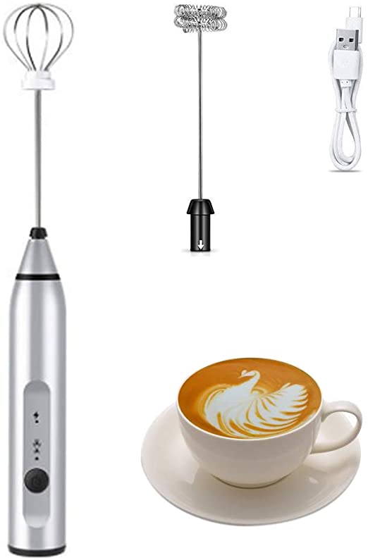 Fmelut Electric Milk Frother with Double Whisks, USB Rechargeable Electric Foam Maker, 2 in 1 Hand-held Battery Operated Milk Foamer for Coffee, Latte, Cappuccino, Egg Whipping(Silver)