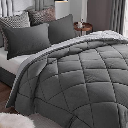 CozyLux Queen/Full Reversible Comforter Set 3-Piece Premium 1800 Series Lightweight Bed Set - Soft Goose Down Alternative Duvet Insert for All Season (1 Comforter 2 Pillow Shams, Dark Grey/Light Gray)