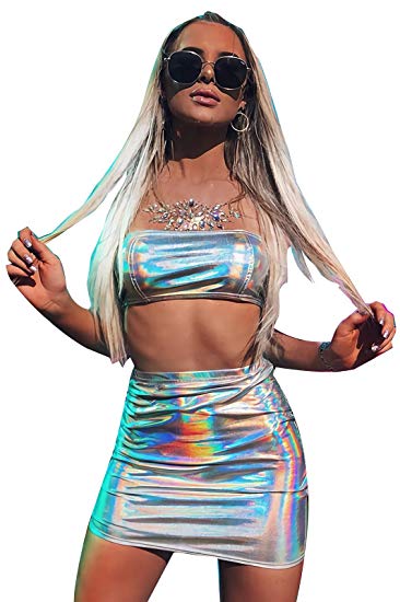 Velius Women's Metallic Shiny Off Shoulder Crop Top   Mini Dress Two Piece Outfit Set