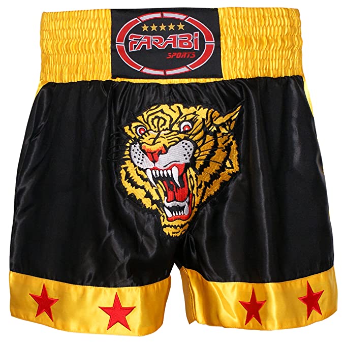 Muay Thai Shorts Kick Boxing Training Satin Black Gold Short Tiger Embroidery