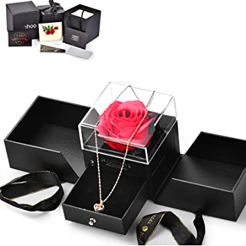 Handmade preserved rose jewelry - high-end necklace jewelry gift box configuration silver cloth, Valentine's Day Mother's Day optimal women gift, girlfriend (golden)