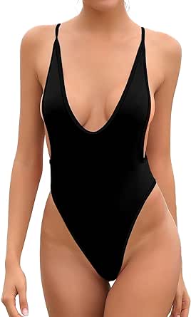 SHEKINI Damen Einteiliger Badeanzug V Ausschnitt Rückenfrei Bademode Brasilien Tanga Hoher Schnitt Monokini Strandmode Swimsuit