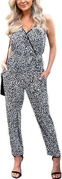 Angashion Women's Jumpsuits- Casual Deep V Neck Leopard Print Sleeveless High Waist Belt Long Pants Romper with Pockets