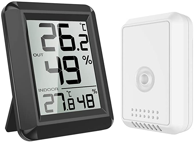 KeeKit Indoor Outdoor Thermometer, Temperature Humidity Monitor with Wireless Sensor, Digital Hygrometer Gauge with LCD Screen, ℃/℉ Switch for Home, Office, Bedroom, Baby Room, Kitchen - Black