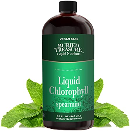 Buried Treasure Liquid Chlorophyll 100 mg Dietary Supplement, Energy Boost Immune Support Detox Intestinal Digestive Support Natural Body Deodorant Vegan Non-GMO Alcohol Free Spearmint Flavor,32 oz