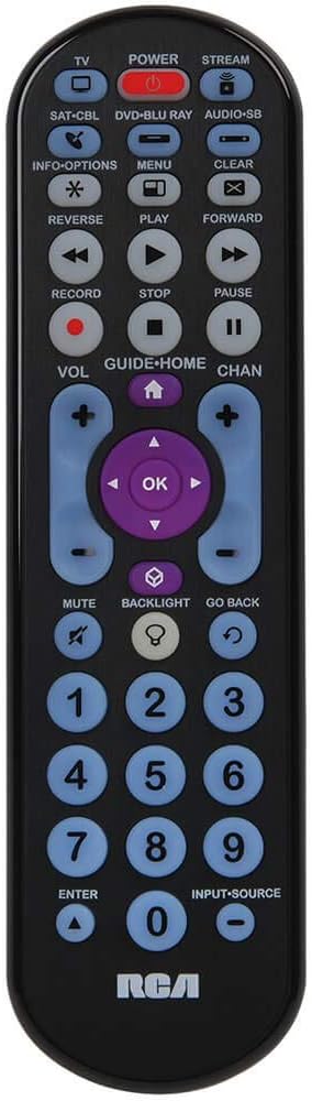 RCA RCRBB05BHE 5-Device Universal Remote Control, Streaming control for Roku, Apple TV, and other streaming boxes, Soundbar compatible, Long range IR, Big button simplicity, Backlit keypad