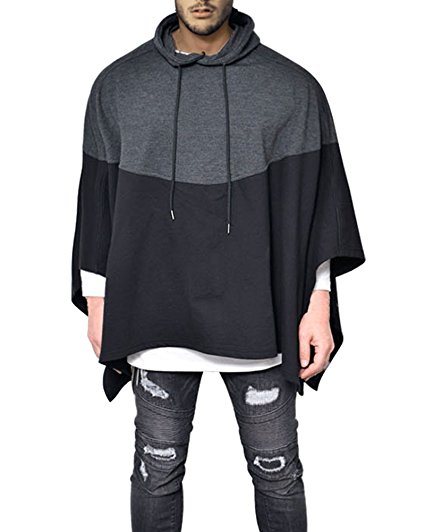 Demetory Mens Irregular Loose Bat Sleeves Hooded Poncho Cape Coat (M to 5XL)