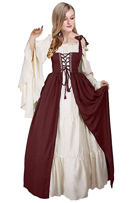 ValorSoul Renaissance Costumes Dress for Women Trumpet Sleeves Fancy Medieval Gothic Lace Up Dress