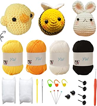 Crochet Kits for Beginners/ Experts - All-in-One Learn to Crochet 3 Different Patterns Sets - Chicken, Rabbit, Bee for Adult Starters, Kids, Includes Enough Yarns, Hook, Accessories
