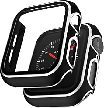 2 Pack LϟK Case for Apple Watch 40mm SE/Series 6/5/4 Built-in Tempered Glass Screen Protector, All-Around Ultra-Thin Bumper Full Cover Hard PC Protective Case for iWatch 40mm -Black/Silver