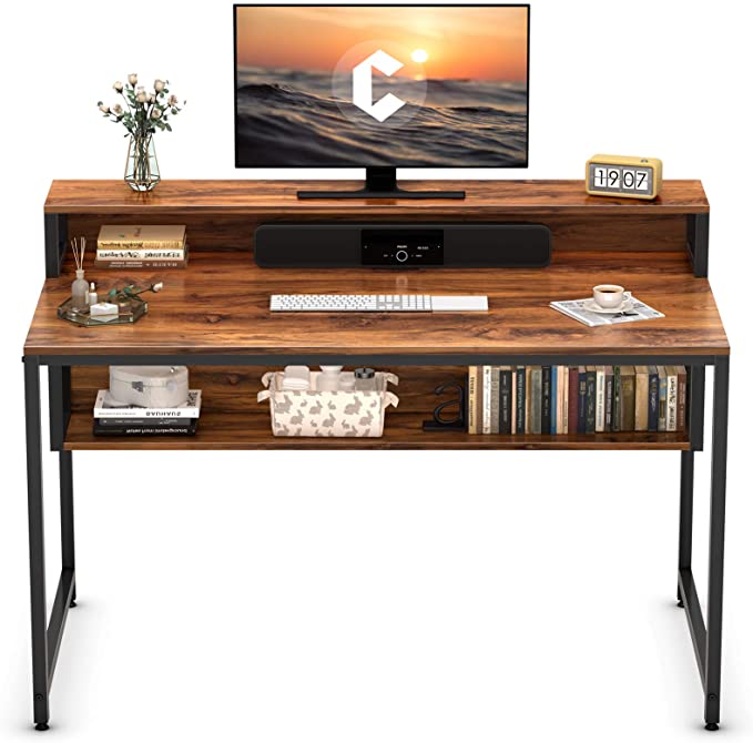 Cubiker Computer Home Office Desk, 47" Small Desk Table with Storage Shelf and Bookshelf, Study Writing Table Modern Simple Style Space Saving Design, Dark Rustic