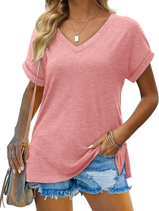 Aokosor Womens Rolled Short Sleeve V Neck Loose Fit T Shirts Tops Side Split