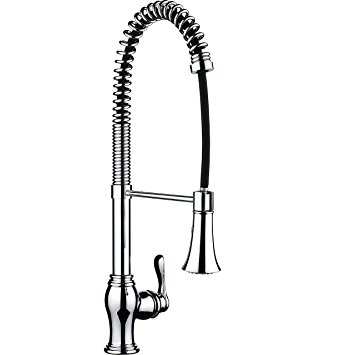 pH7174; 82H05 1-hole Lead-free Brass Contemporary Pull-down Faucet; Single Handle Kitchen Sink Faucet with Stainless Steel Flexible Hose and Spring Sprayer; Excellent Finish, Nylon Hose, Polished Chrome
