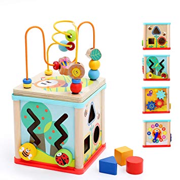 TOP BRIGHT Wooden Activity Center Baby Activity Cube Wooden Bead Maze 5 in 1 Learning Toys