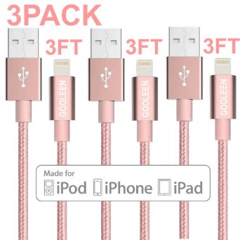 iPhone Charger, GOOLEEN 3Pack 3FT Nylon Braided 8pin Lightning Cable USB Charging Cord Sync Cables for Apple iPhone SE, 6, 6s, 6s Plus, 6 Plus, 5, 5c, 5s, iPad Mini, Mini2, 5, iPod 7 -Rose Gold