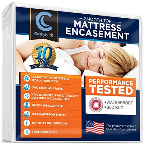 Smooth Top Mattress Encasement Protector Cover by CushyBeds - Patented 360 Zipper Enclosure w/Bed Bug Banisher, Breathable 100% Waterproof Noiseless 6-Sided Protection - Full XL (11"- 15" Depth)