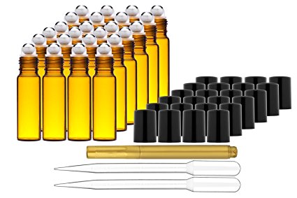 Culinaire 24 Pack Of 10 ml Amber Glass Bottles with Stainless Steel Roller Balls / Caps & (2x) 3 ml Droppers with Gold Glass Pen included