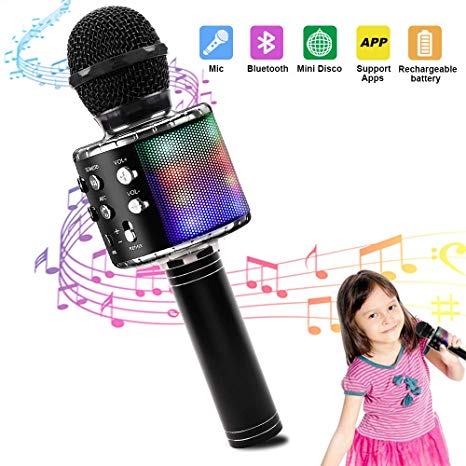 FREESOO Wireless Karaoke Microphone Bluetooth Handheld Portable Speaker Home KTV Player with Dancing LED Lights Record Function for Kids Party Singing, Compatible with Android & iOS Devices