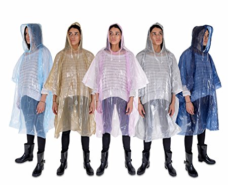 Rain Poncho :: Lightweight, Waterproof Rain Gear with Drawstring Hoods :: 5 Pack :: Emergency Disposable Ponchos for Rain in Pink, Blue, Navy, Silver & Gold :: Thicker Material :: Packable
