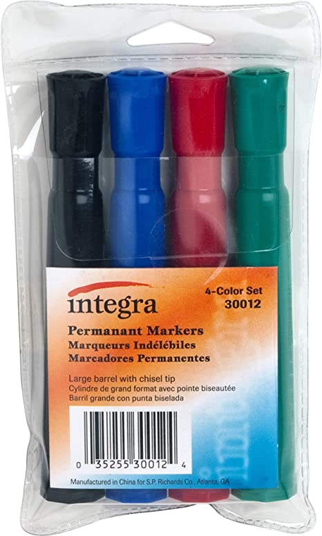 Integra Permanent Marker, Chisel Tip, 4/Pack, Black/Red/Blue/Green (ITA30012)