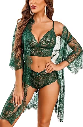 Avidlove Women Sexy Lingerie Set 3 Piece Bra and Panty Sets with Lace Kimono Robe Sleepwear Mesh Nightgown