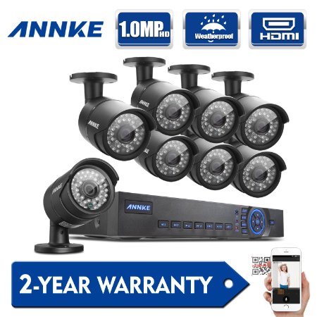 Upgraded 720P ANNKE 8-Channel 720P HD DVR CCTV Camera System with 8 x High Res 720P 10 MegaPixels InOutdoor DayNight Bullet Cameras and 1280720P Mega Pixels Better Than 1200TVL HDMI Port For 1080P HD Video Output Infrared LEDs w IR Cut For Superior Night Vision Weatherproof and Vandal-Proof Housing NO HDD