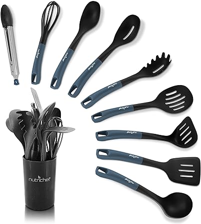 NutriChef 10-Piece Non-stick Heat Resistant Silicone Kitchen Gadgets Cookware Tools, Cooking Utensils Set with Holder, Pots & Pans Accessories NCUTL10DS (Blue/Black), 1