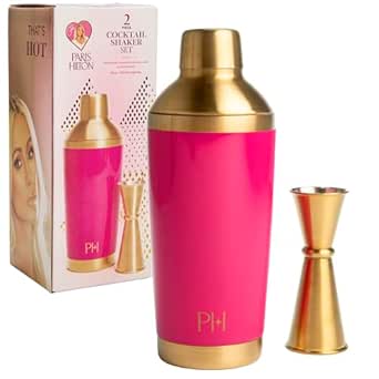 Paris Hilton 2-Piece Cocktail Shaker Set, Double Wall Insulated Stainless Steel Mixer with Built-In Strainer and Double-Sided Jigger, 20-Ounce, Gold and Hot Pink