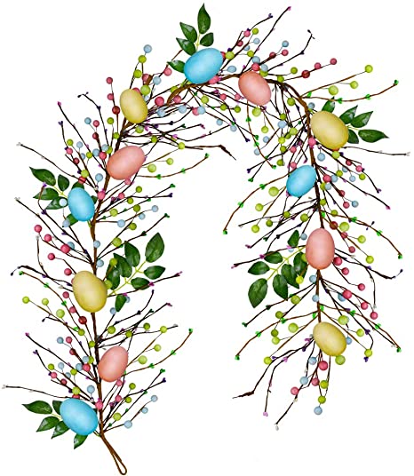 besttoyhome 6' Long Artificial Easter Egg and Mixed Berry Garland Hanging Rustic Spring Garland Pastel Easter Garland Vine String for Easter Springtime Seasonal Decoration Wreath Making