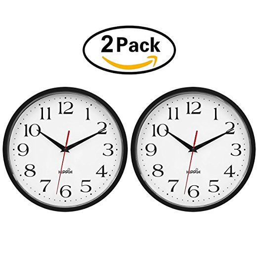 2 Pack 10 Inch Wall Clock - Silent Non-Ticking Quality Quartz - Battery Operated Round Clock - Easy to Read for Home/Office/School by Hippih