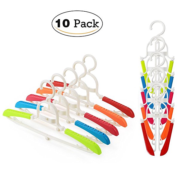 GLCON [Pack of 10] Foldable Clothes Hangers, Heavy Duty Plastic Hanger Adjustable Shoulder for Travel/Home/Laundry/Camping/Closet,Folding Drying Rack for Adult Kids Coat Shirt Skirt Sweater Suit Pants