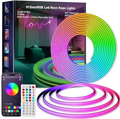KIKO Neon Rope Lights, 16.4ft Neon Led Strip Lights Remote APP Control, Neon Lights Music Sync Led Rope Lights DIY Mode Neon Flex Strip Lights for Bedroom Indoors Outdoors Decor