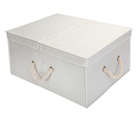 StorageWorks Polyester Storage Box with Double-open Lid and Strong Cotton Rope Handle, Foldable Clothes Closet Organizer, White, Bamboo Style, Jumbo, 65L Huge Capacity