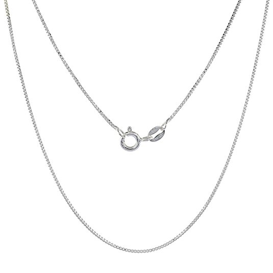 Sterling Silver Box Chain Necklace 0.8mm Very Thin Nickel Free Italy, Sizes 7 - 30 inch