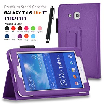 onWay(TM) Premium Premium Folio Leather Case Cover for Samsung Galaxy Tab 3 Lite 7.0 SM-T110 / T111 7.0 Inch Android Tablet   Gift: free stylus touch pen X 1