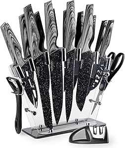 nuovva Professional Kitchen Knife Set with Block - Granite 18 Pcs with Knives Sharpener Peeler and Scissors - Clear Acrylic Block High Carbon Stainless Steel Blades Wood Affect Handle