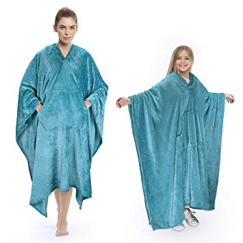 Poncho Blanket Super Soft Comfy Plush Wearable Fleece Blanket for Adult Women Men Kids Throw Wrap Cover Indoors or Outdoors, 55''x 80''Aqua