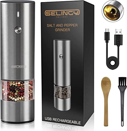 Electric Salt and Pepper Grinder Set USB Rechargeable - USB Type-C Cable,  LED