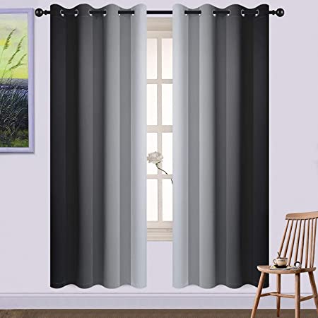Yakamok 72 Inch Length Black and Greyish White Ombre Curtains, Light Blocking Gradient Color Curtains, Room Darkening Thermal Insulated Grommet Window Drapes for Bedroom (2 Panels, 52x72 Inch)