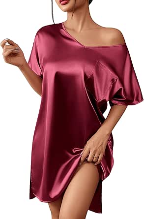 Ekouaer Women's Satin Nightgowns V Neck Side Split Sleepshirt Short Sleeves Sleepwear Chest Pocket Nightshirt S-XXL