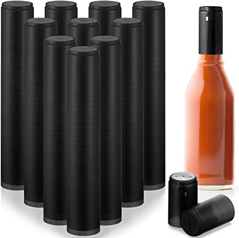 200 Pieces PVC Heat Shrink Capsules 28 x 50 mm Wine Bottle Capsules Shrink Caps for Wine Bottles, Woozy Bottles 5 oz 10 oz Hot Sauces Bottles (Black)