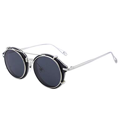 CGID Steampunk Sunglasses with Clip-on Polarized Metal Retro Circle Double Lens UV400 Vintage Round Mirror Lens Men and women
