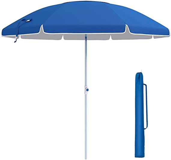 SONGMICS 7 ft Patio Umbrella with Fiberglass Ribs, Beach Umbrella, Heavy Duty Outdoor Sports Umbrella, Sun Shade with Tilt Mechanism, Carry Bag Blue UGPU07BUV2