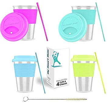 Stainless Steel Sippy Cup for Toddlers - Stainless Steel Cups for Kids 10oz with Silicone Lids Sleeve & Straw Premium Metal Glasses with Straw Cleaner 4-Pack