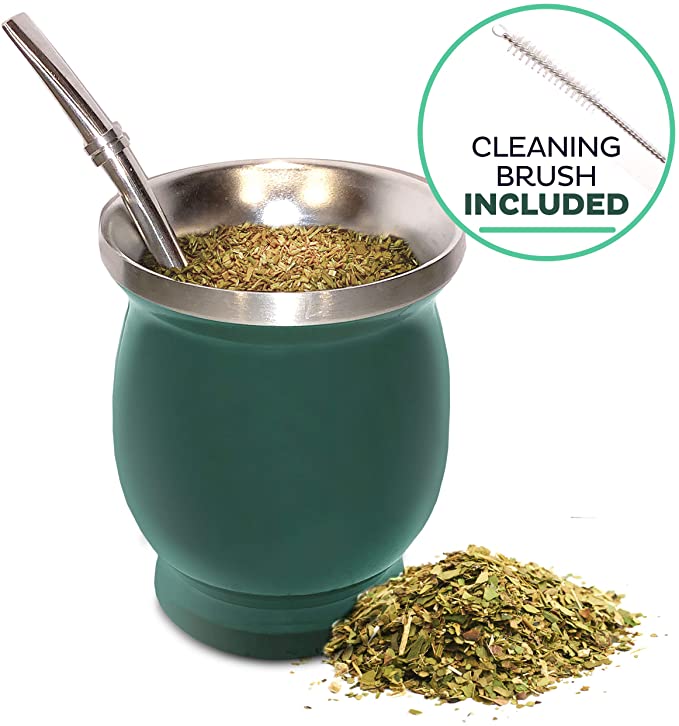 Yerba Mate Natural Gourd/Tea Cup Set Green (Original Traditional Mate Cup - 8 Ounces) | Includes Bombilla (Yerba Mate Straw) & Cleaning Brush | Green Stainless Steel | Double-Walled | Easy to Clean