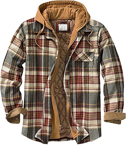 Men's Winter Flannel Coats，Flannel Shirt Jacket with Hood Quilted Lined Plaid Coat Button Thick Hoodie Outwear Winter