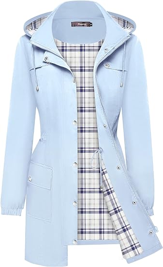 Bloggerlove Waterproof Rain Jacket Women Lightweight Rain Coat Long Outdoor Windbreaker Plaid Lined Hooded Trench Coats S-XXL