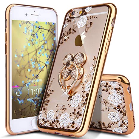 iPhone 6 Plus Case,iPhone 6S Plus Case,ikasus [Glitter Crystal Plating Butterfly Floral] Luxury Bling Diamond Rhinestone Clear TPU Case for iPhone 6/6S Plus 5.5", Gold White Flower,Clover Ring Stand