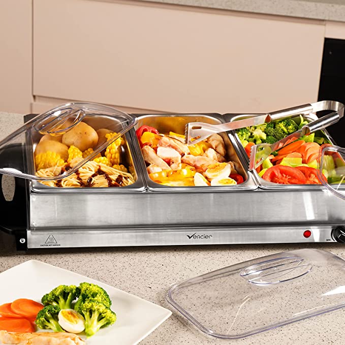 Vencier 3 Pan Buffet Server, 3 x 2.5 Litre Pans, 300 W, Adjustable Temperature, Food Warmer, Dual Function Hot Plate, Portable Chafing Dish, Bain Marie, Steam Table, Catering Serving Tray
